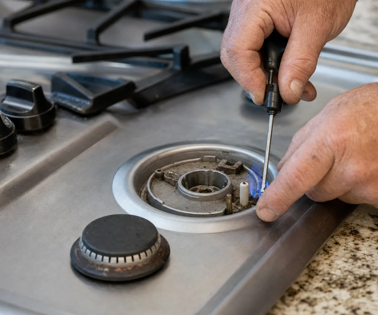 Technician adjusting a gas cooktop burner