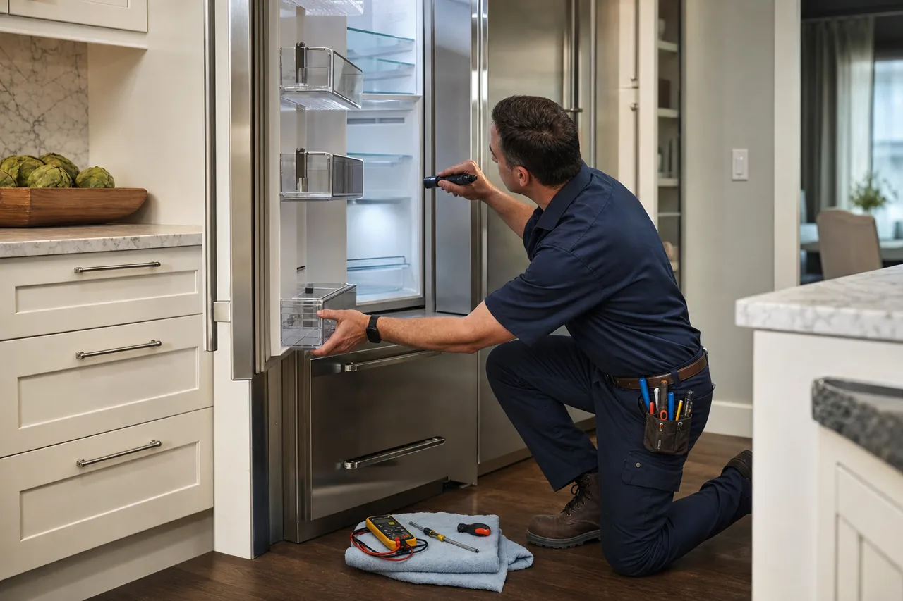 Technician repairing a built-in refrigerator up close