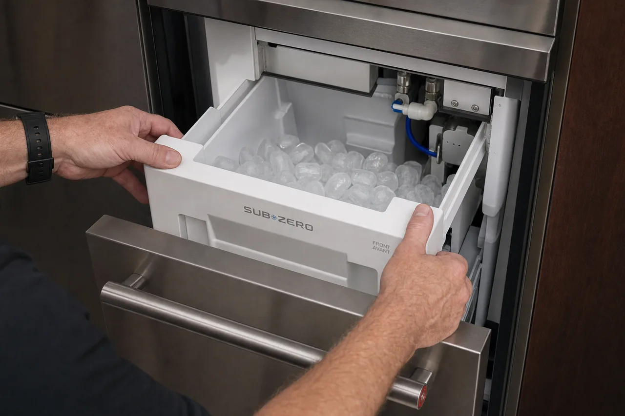 Technician servicing a built-in ice maker up close