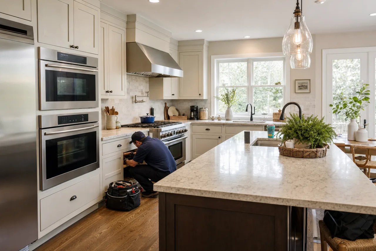 A luxury kitchen with built-in stainless appliances mid-repair