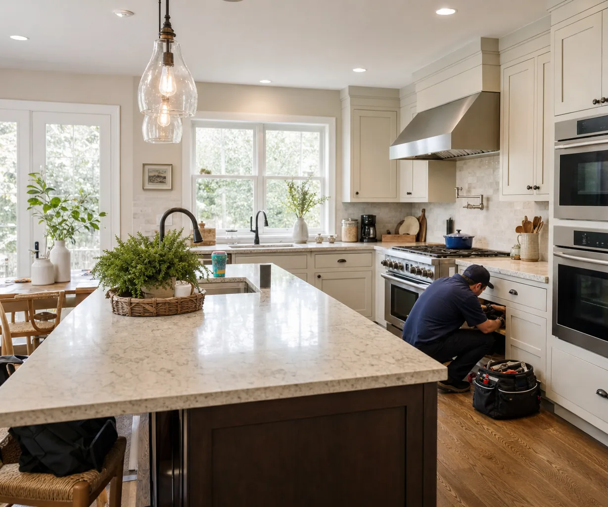 A luxury kitchen with built-in stainless appliances mid-repair