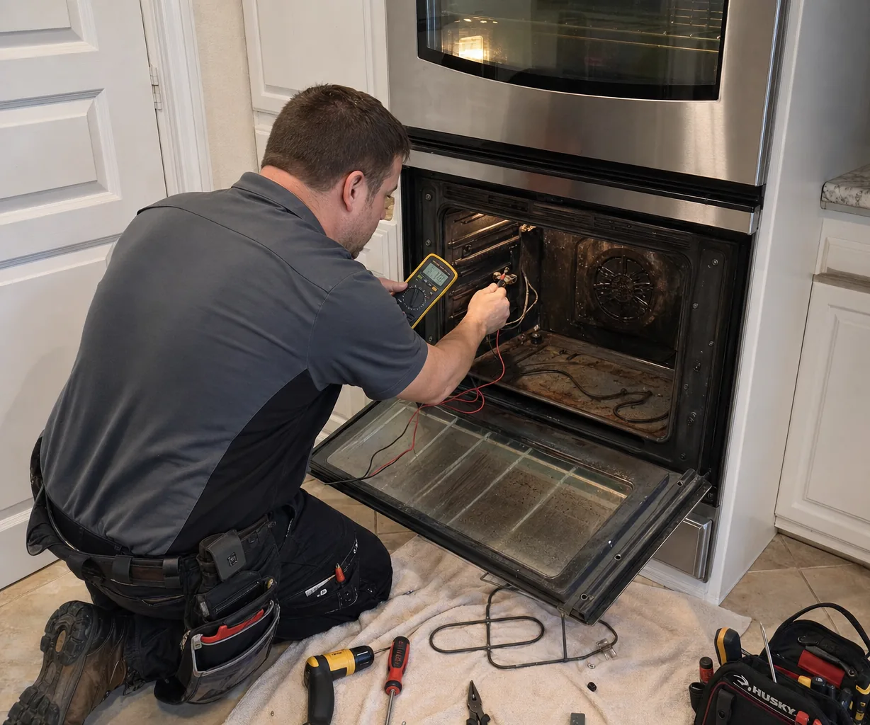 Technician servicing a built-in wall oven up close