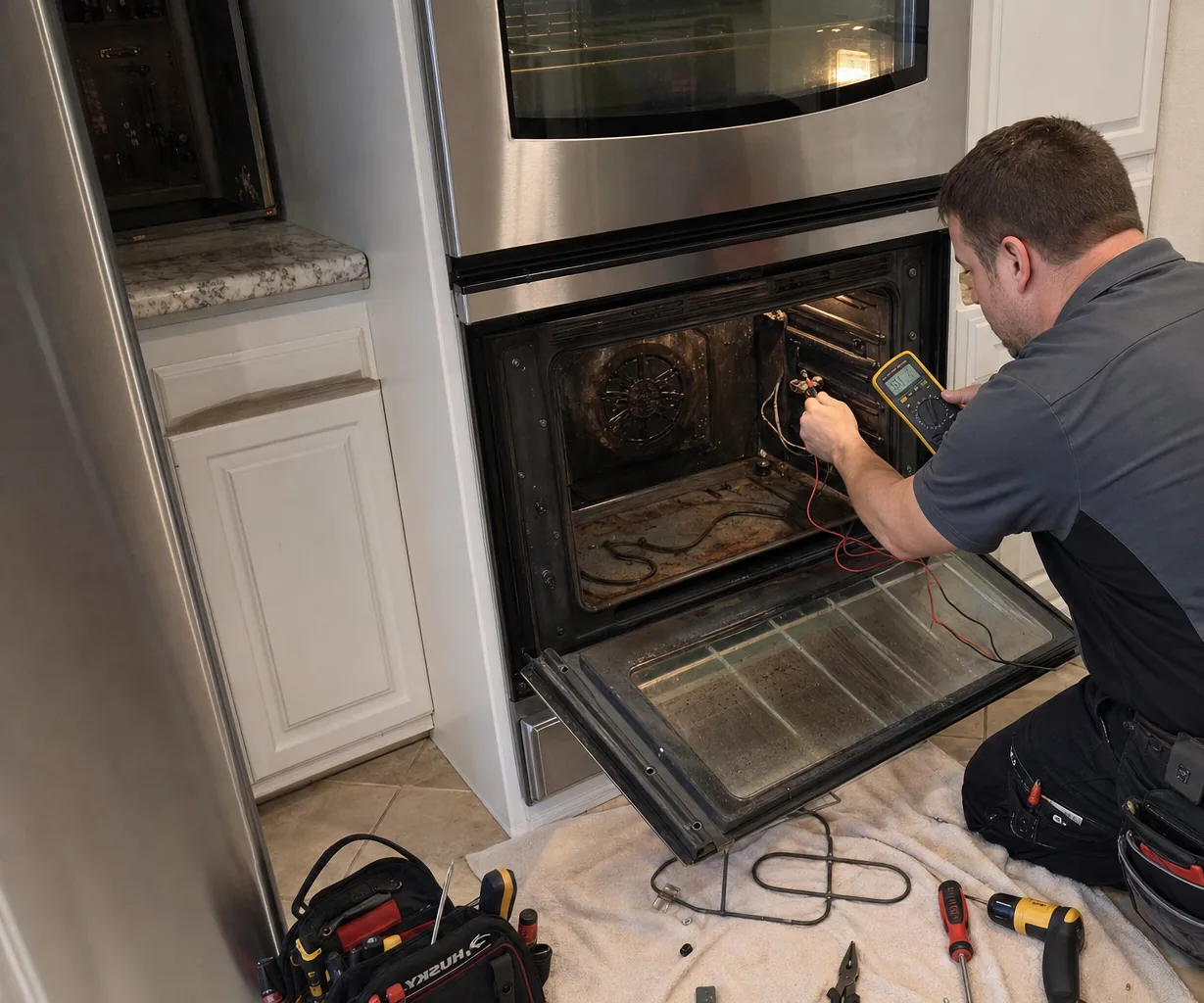 Technician servicing a built-in wall oven on a same-day visit