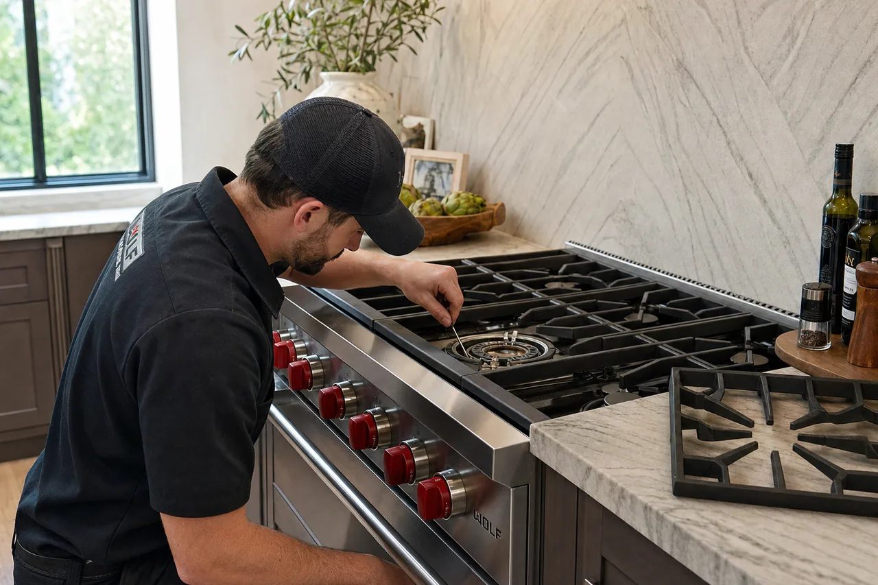 Technician servicing a stainless Wolf range