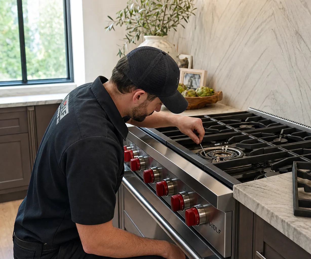 Technician servicing a stainless Wolf range in an Armonk kitchen